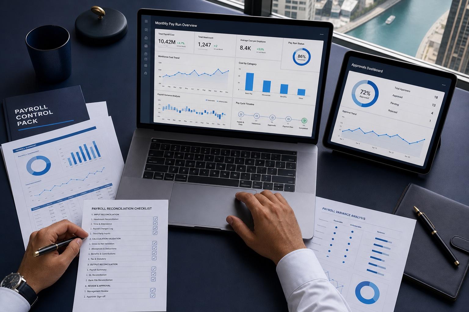 Payroll control dashboard showing cost trends, reconciliation checks and approval progress