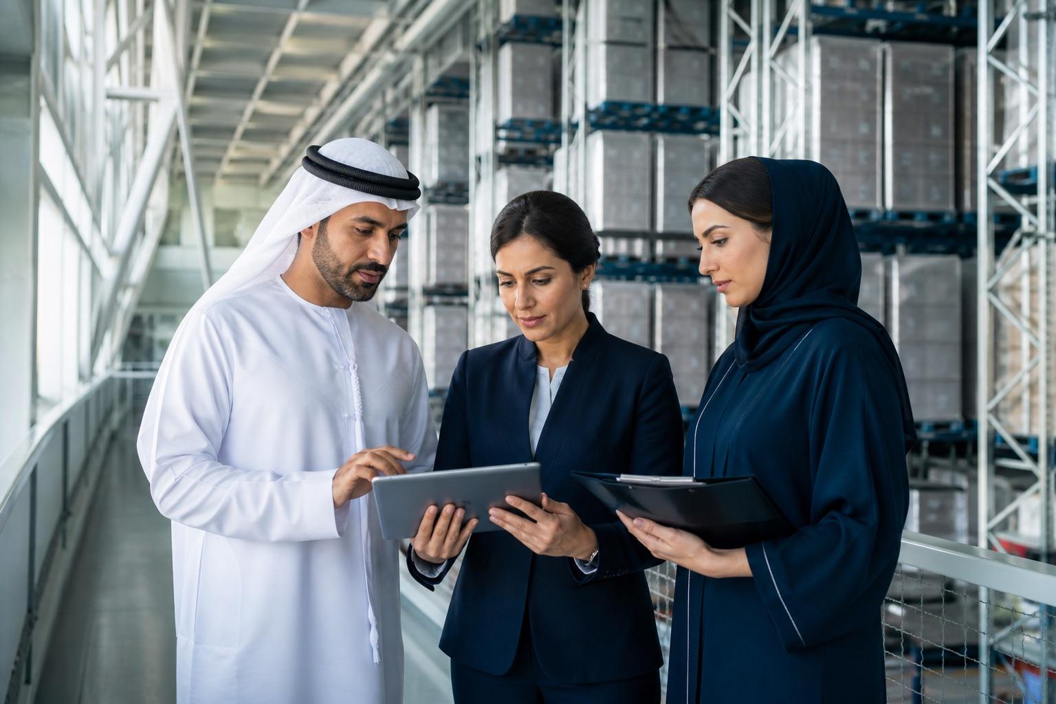 Procurement and operations professionals reviewing supplier information in a warehouse