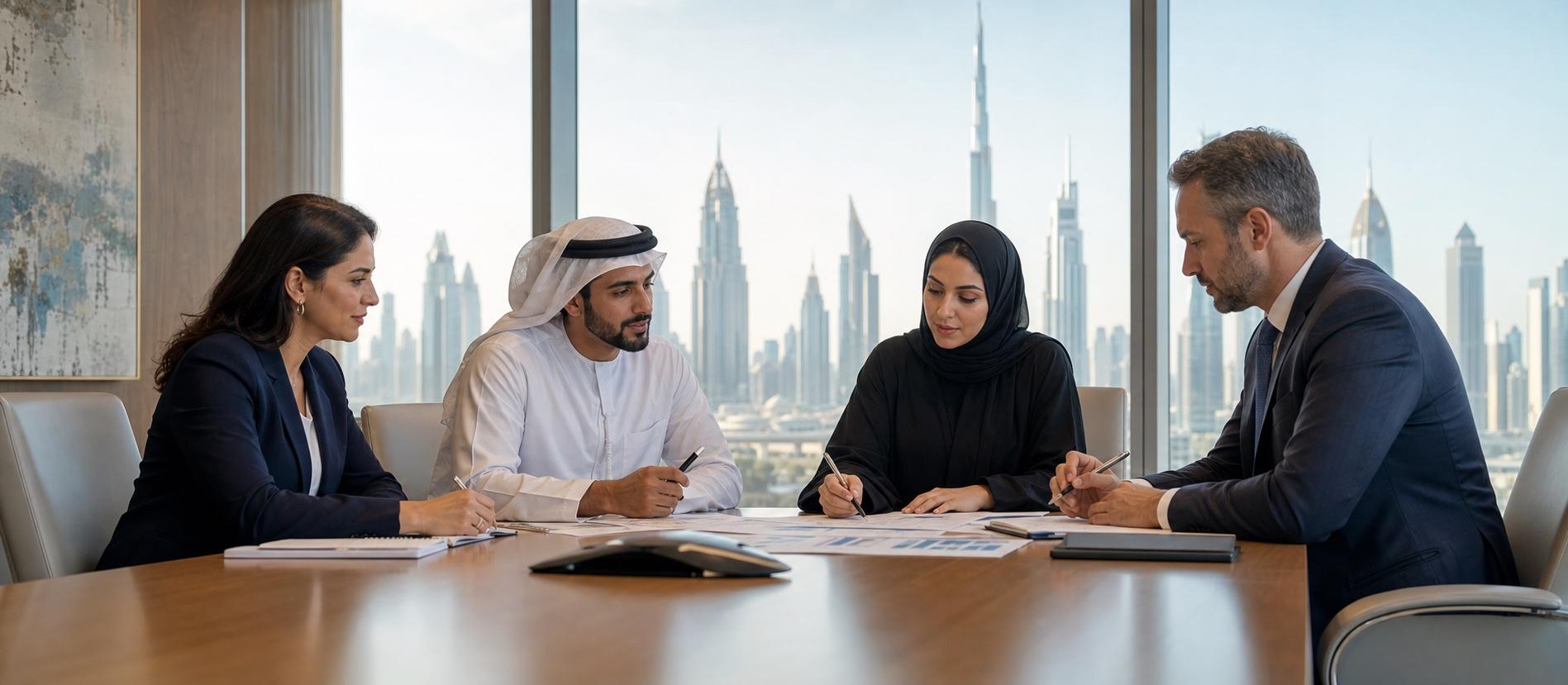Four HR and business professionals reviewing a workforce plan in a Dubai meeting room
